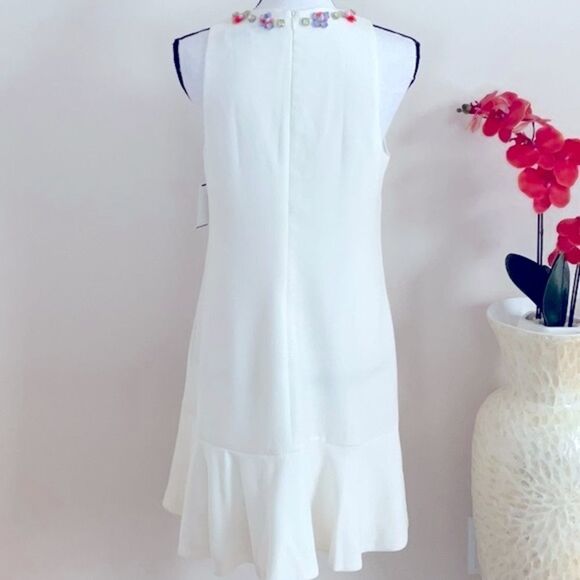 TRINA TURK NWT WHITE STONE EMBELLISHED NECKLINE SLEEVELESS DRESS RUFFLE BOTTOM - Picture 7 of 11